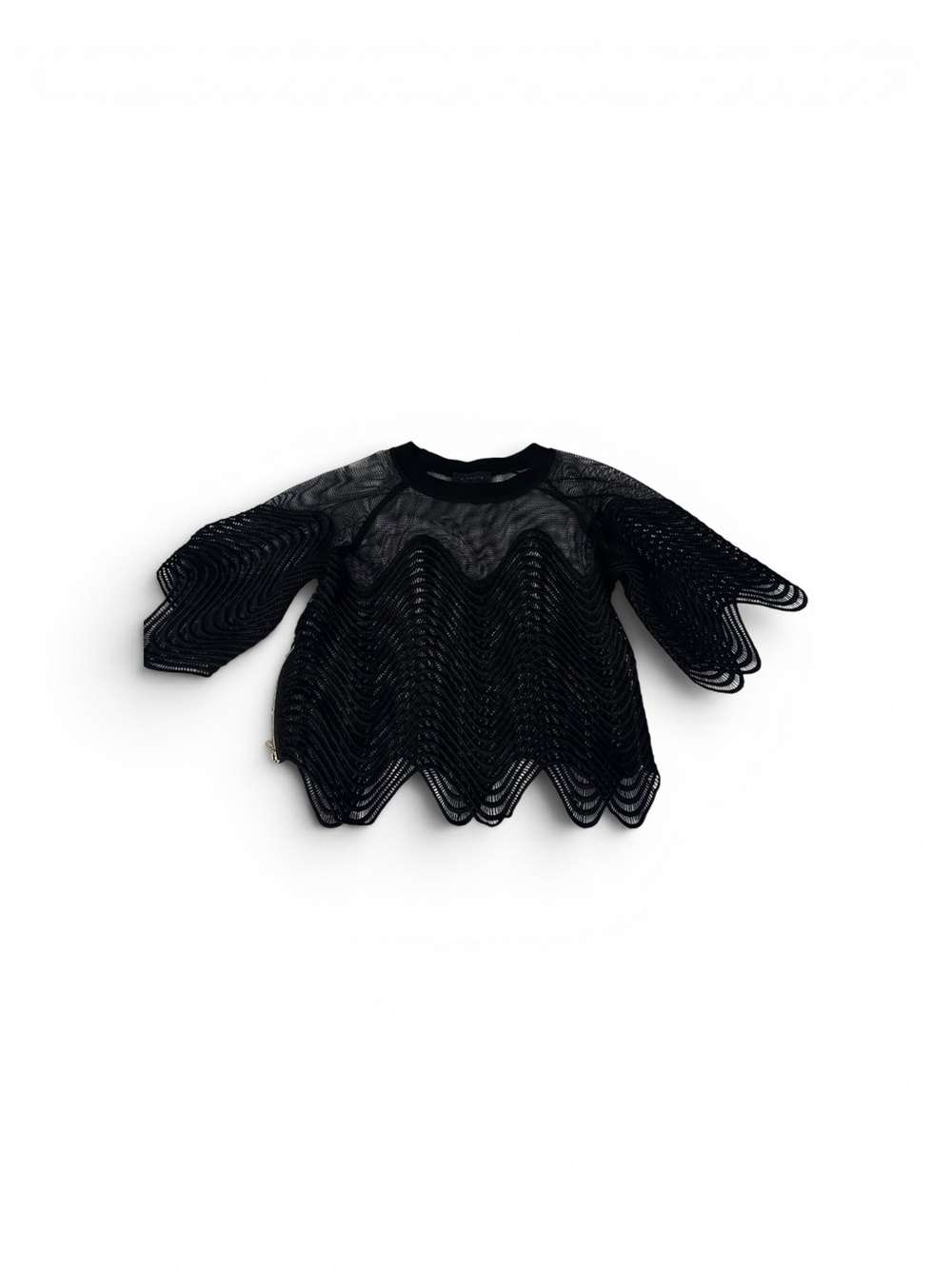 Sheer Black Wave-Edge Mesh Top